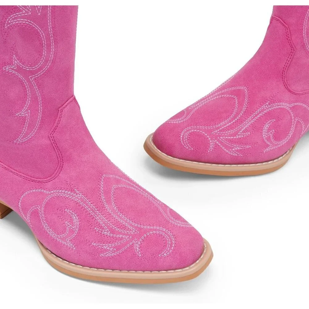 Women Faux Leather Hot Pink Knee High Chunky Heel Side Zipper Embroidered Boot